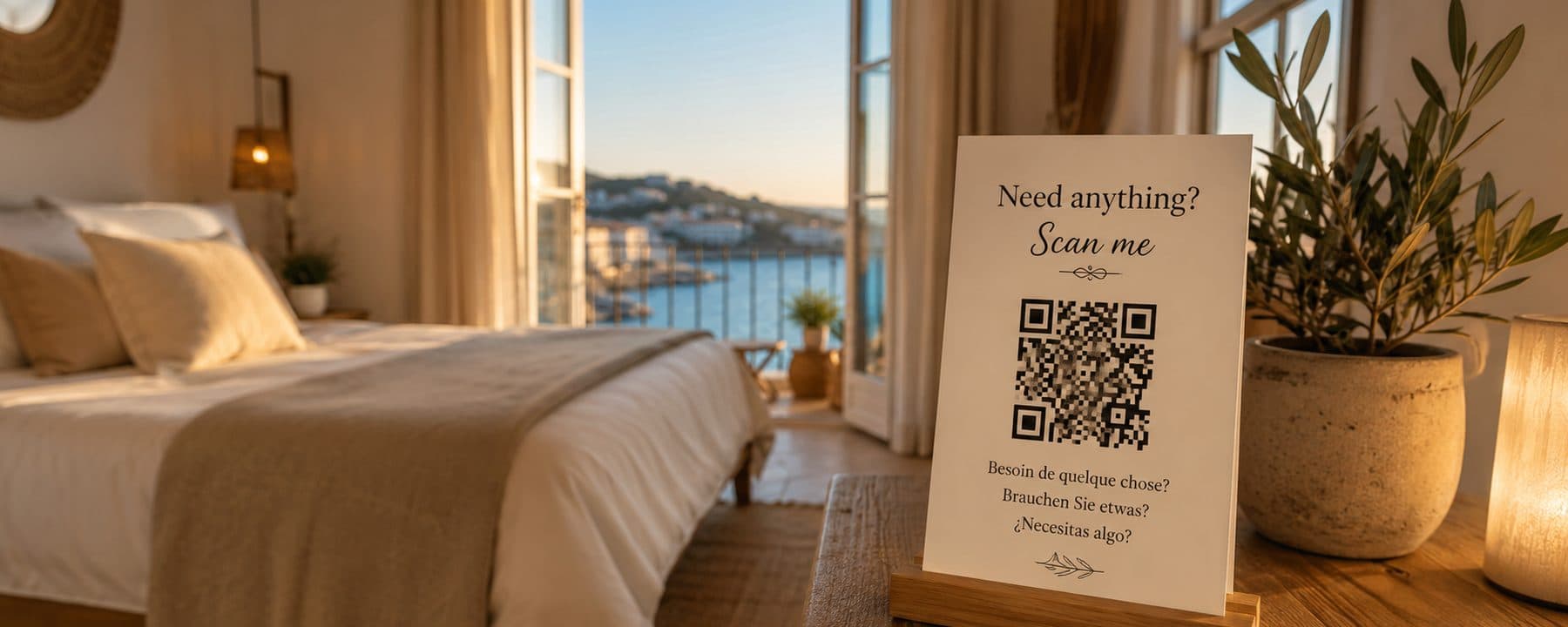 A warmly lit guest room at golden hour with a ChatGuru card on the nightstand