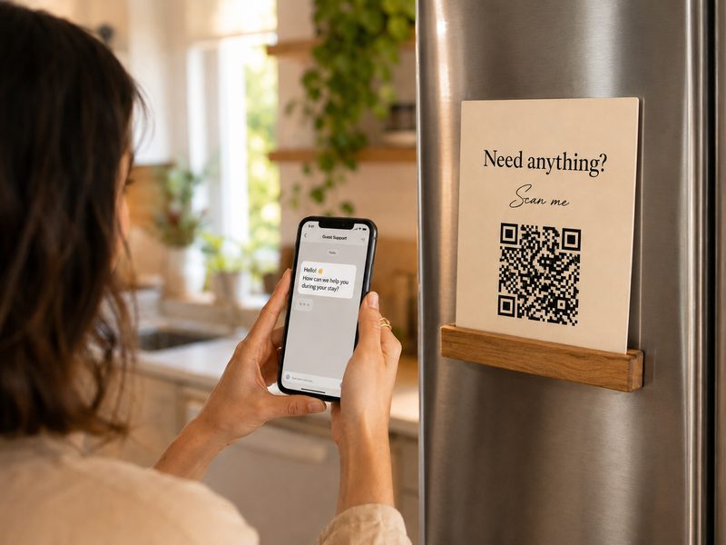 A guest scanning a Need anything? Scan me QR code, the guest-support chat opening on her phone